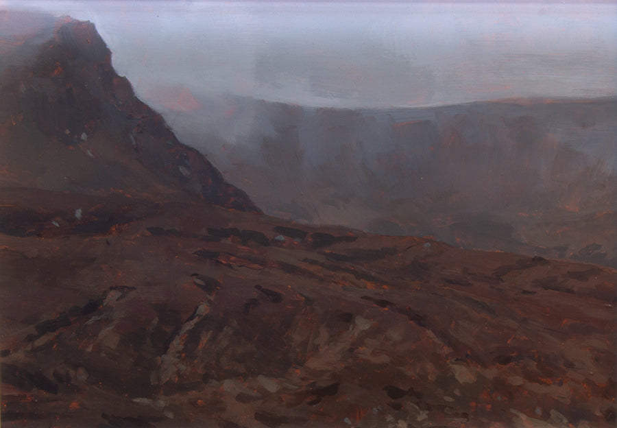Painting depicts a view across bogland high in the mountains on a misty day with distant crags covered in the clouds.