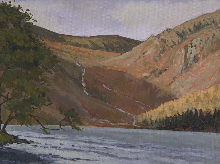 Painting of the view looking across the upper lake at Glendalough towards the distant shoreline. Glenealo valley is seen in the distance.