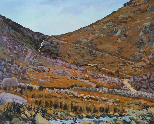 Print of the painting of a view of the Glenealo Valley, rugged rock strewn slopes with a track winding up the valley to the pass visible.
