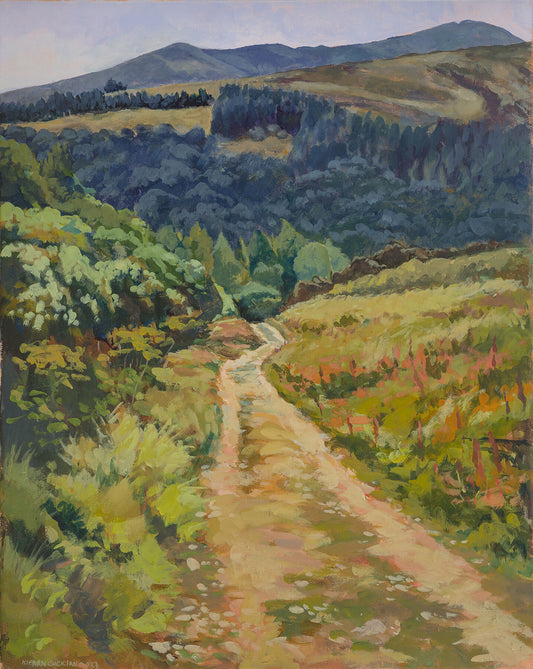 Print showing a track running down through trees, behind is a large mountain. It is a hot summers day with bright sunshine.