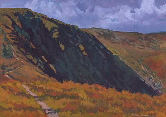 Painting of the view from the top of the valley wall on the famous Spinc walk, the sun is casting shadows and light on the cliff face.