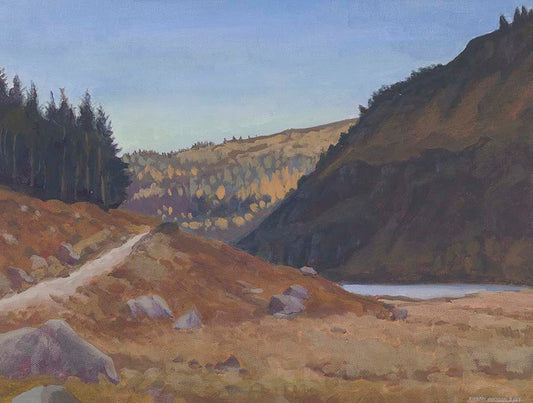 Painting of the upper lake from the Glenealo valley, a track runs to the side of the valley It is approaching evening with a winter cloudless sky.