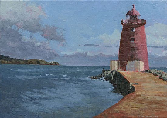 Painting of the Poolbeg lighthouse looking out to sea from the great south wall in Dublin. It is early afternoon with windy conditions as show with clouds and the sea. Howth head is on the horizon in the distance.