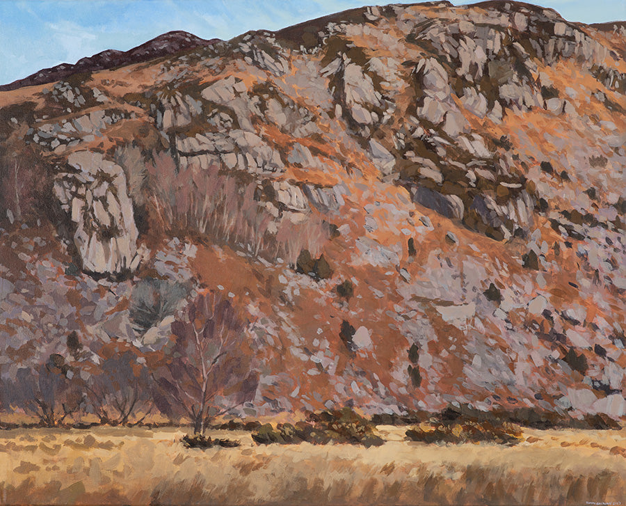 Painting shows a view of a rugged rockface rising high up in front of a meadow of long grass, its a winters day but bright sunshine on the rockface.