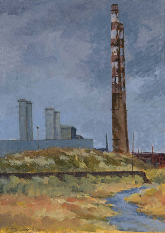 Painting of the Poolbeg Chimneys from the old power station in Dublin on a grey day from the south great wall looking back towards the city centre.