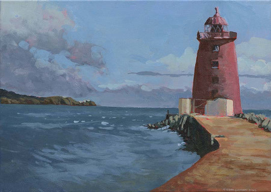 Painting of the Poolbeg lighthouse on the great south wall in Dublin, its afternoon with windy conditions as show with clouds and the sea.
