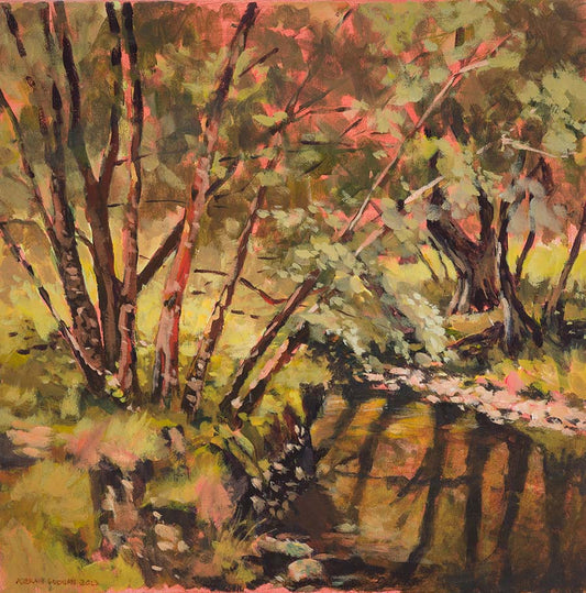 Painting of a Glencree valley, a river winds around a large bend, trees in the background are leaning over the river.