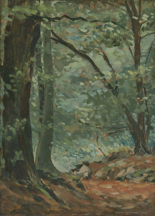 Painting of a forest track running between a dense mix of deciduous trees at the Scalp in Wicklow. The scene is darkened by the tree canopies.