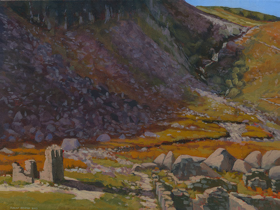 Painting of the deserted and abandoned miners village in the Glenealo valley in Glendalough. Old stone buildings are in ruins.