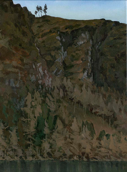 Painting of a view across the upper lake in Glendalough, with winter trees growing on the lower slopes of a cliff that gets steeper as it rises.