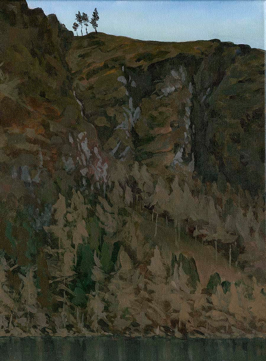 Painting of a view across the upper lake in Glendalough, with winter trees growing on the lower slopes of a cliff that gets steeper as it rises.