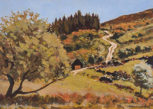 Painting of a track that winds up a mountain until it reachers a fir tree line with old stone walls in the foreground, it's a hot day with blue skies.
