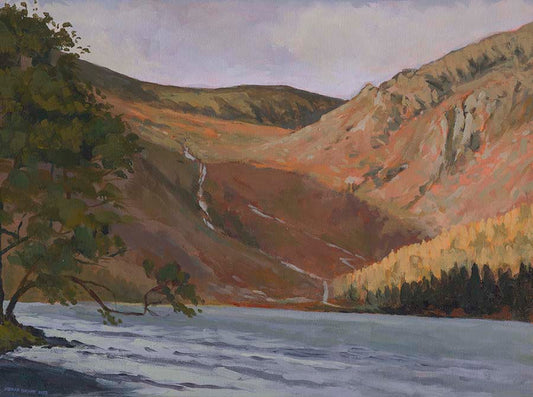 Painting of the view looking across the upper lake at Glendalough towards the distant shoreline. Glenealo valley is seen in the distance.