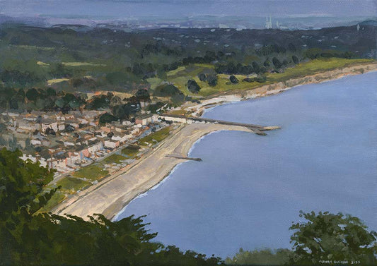 Painting of the view from Bray head of the town from a height with the beach visible, in the distance Dublin can be just made out including poolbeg.